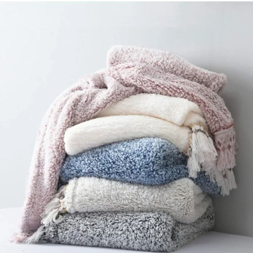 Light Cream Farmhouse Cozy Sherpa Bohemian Tassel Thick Throw Sofa/Bed Blanket